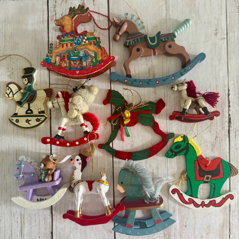 Vintage Rocking Horse Reindeer Christmas Ornaments Mixed Lot of 10 Wood Plastic